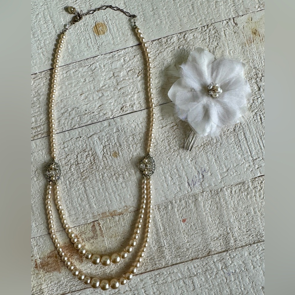 Elegant Pearl Necklace with Silver/Crystal Accent + Bonus Hair Flower